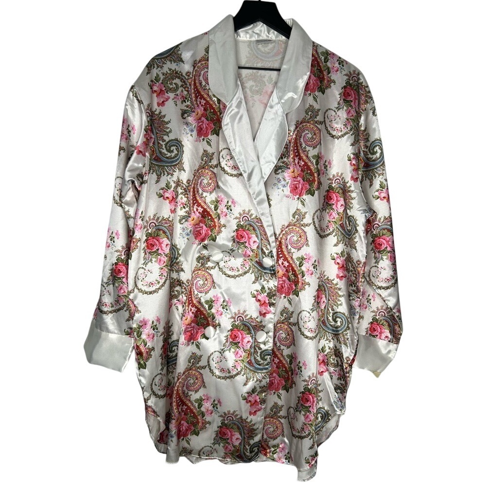 Macy's Womens S Sleep Shirt Floral Paisley Satin Double Breasted Vintage Nightie
